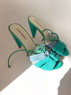 NYC Designer HANDMADE Mint Genuine Suede Leather Strappy High Heel Mules NEW